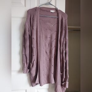 So Mauve Purple Eyelet Knit Very Soft Cardigan with Pockets, Size Large